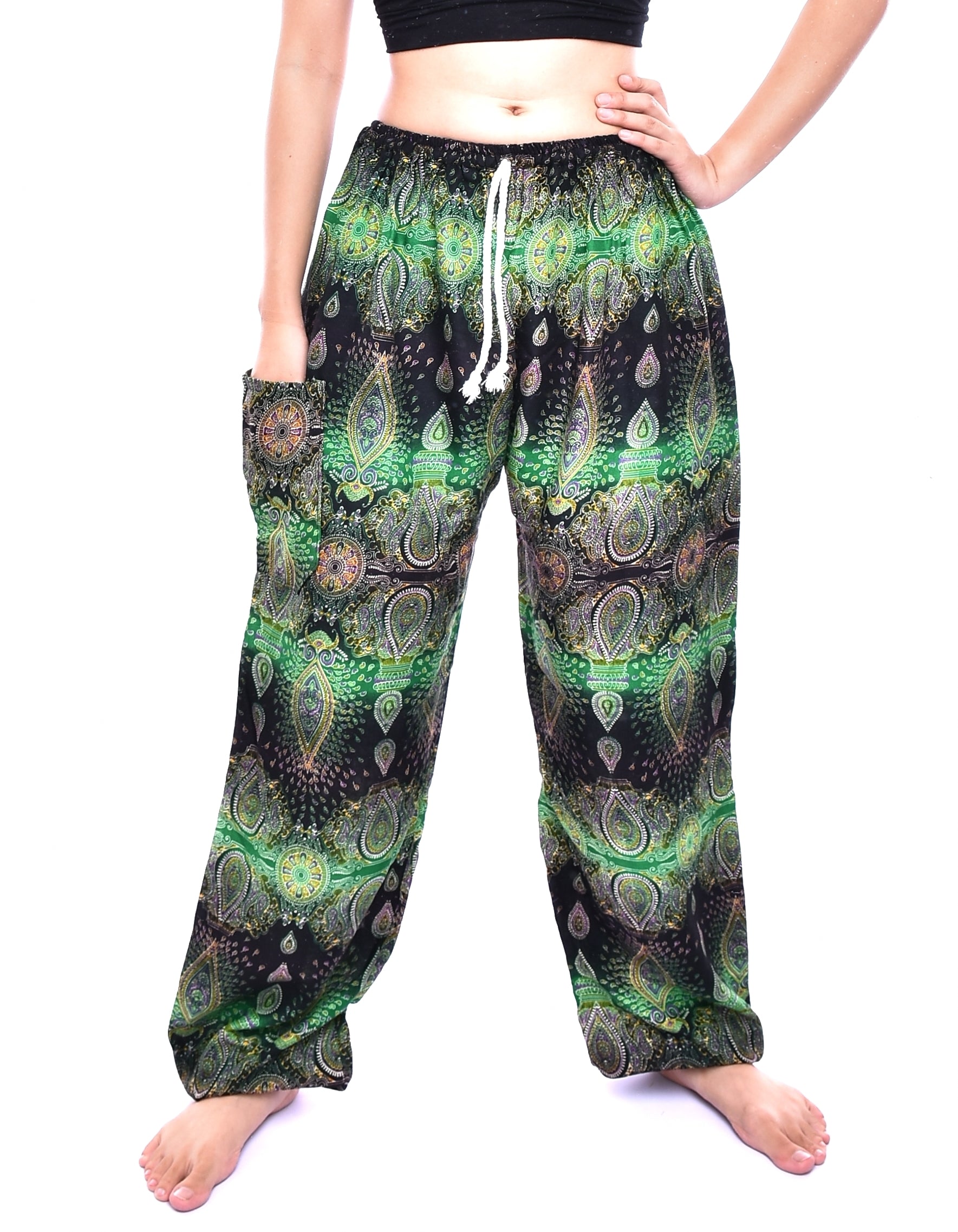 Bohotusk Green Teardrop Print Women's Harem Pants featuring a tie waist and elasticated ankles, made from soft rayon fabric.