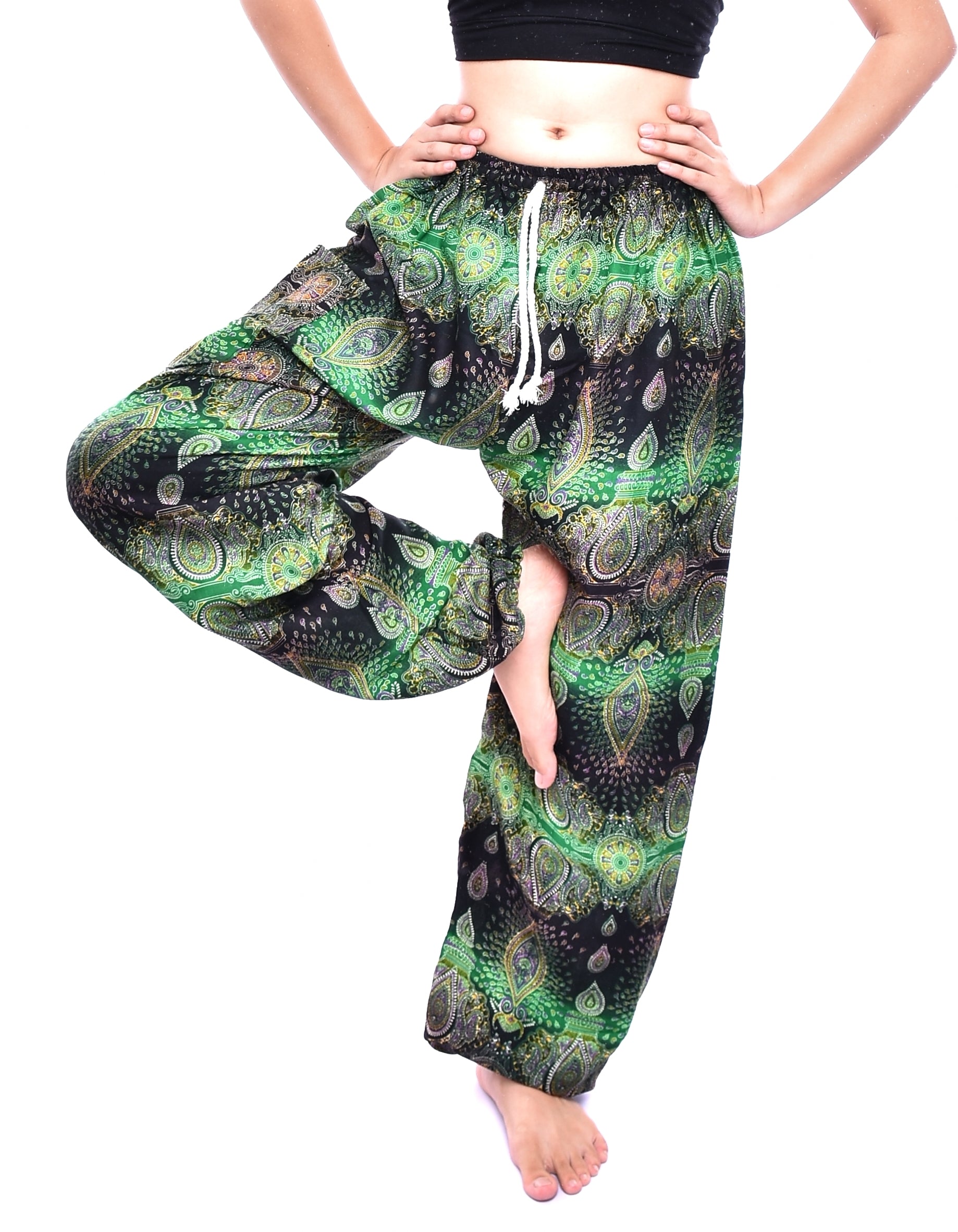 Bohotusk Green Teardrop Print Women's Harem Pants featuring a tie waist and elasticated ankles, made from soft rayon fabric.