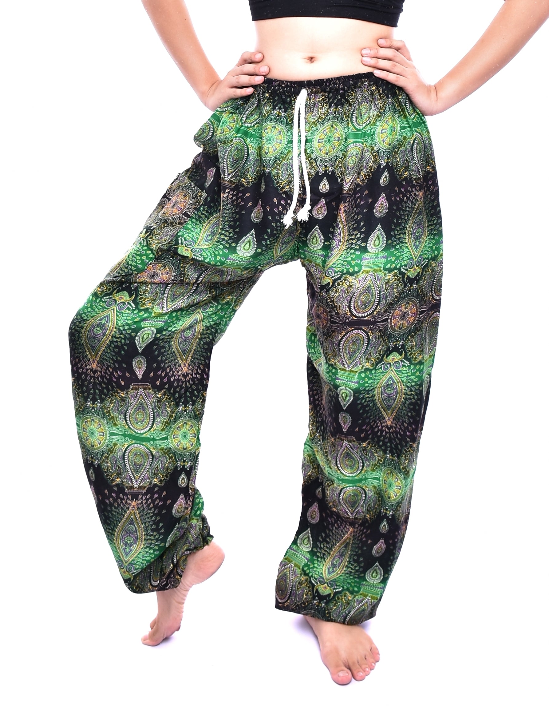 Bohotusk Green Teardrop Print Women's Harem Pants featuring a tie waist and elasticated ankles, made from soft rayon fabric.