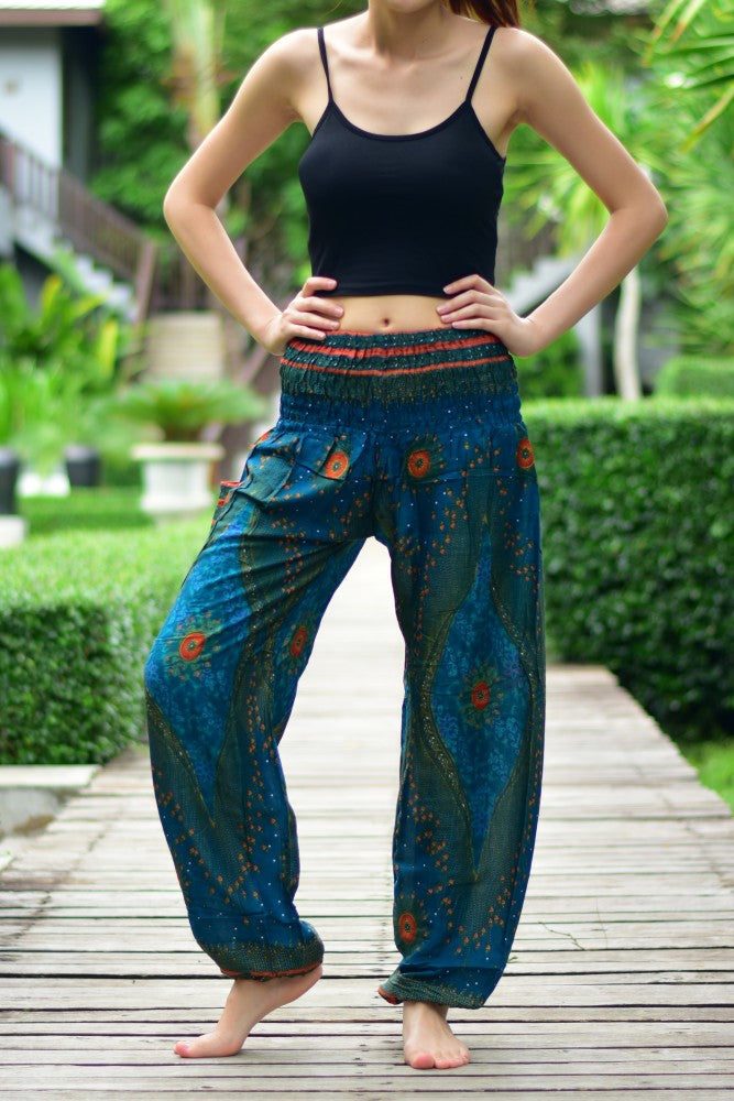 Bohotusk Kids Teal Green Moonshine Harem trousers featuring elasticated waist and ankles, made from soft rayon fabric.