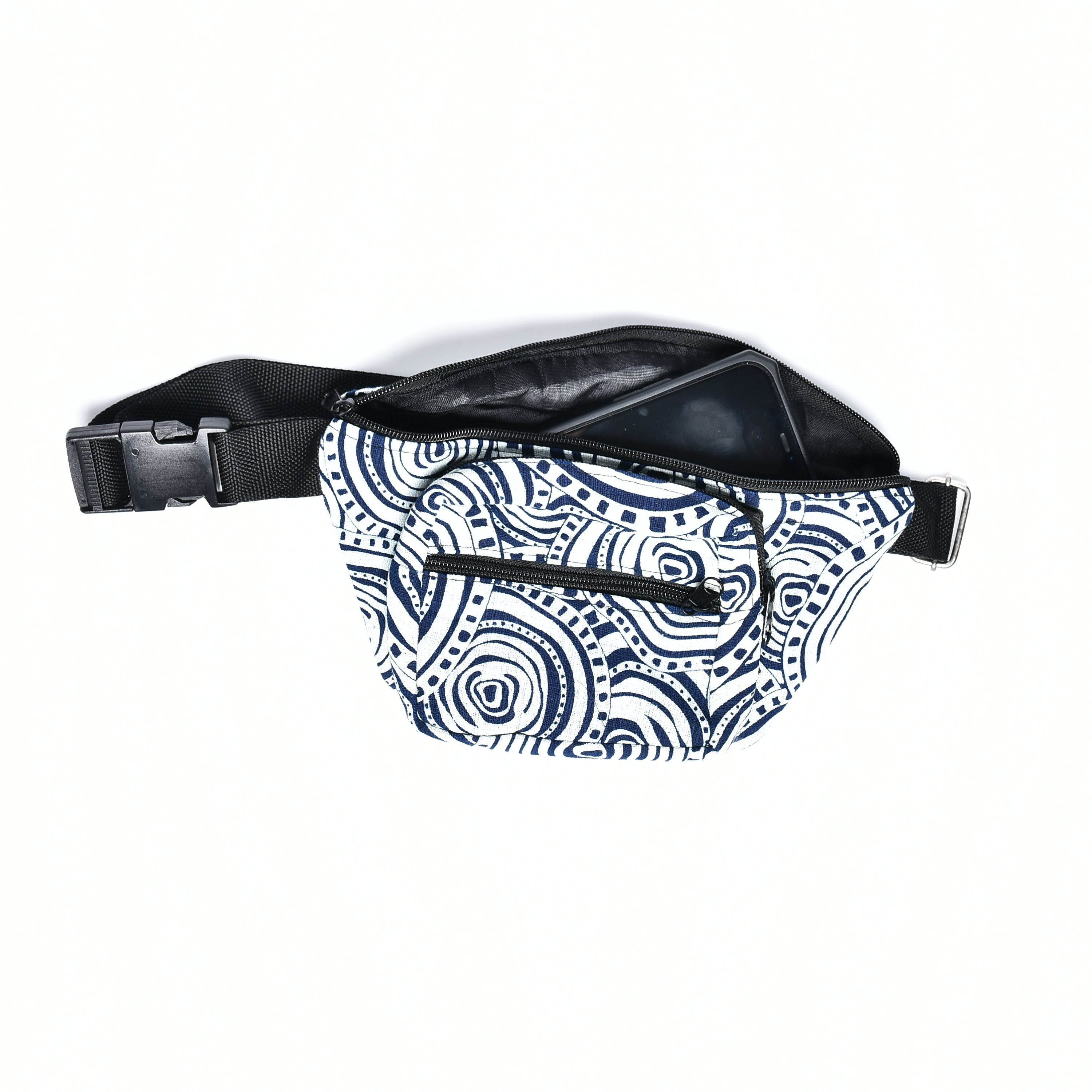 Bohotusk Navy Blue Cream Cotton Bum Bag featuring three zip pockets and adjustable waistband, perfect for outdoor activities.