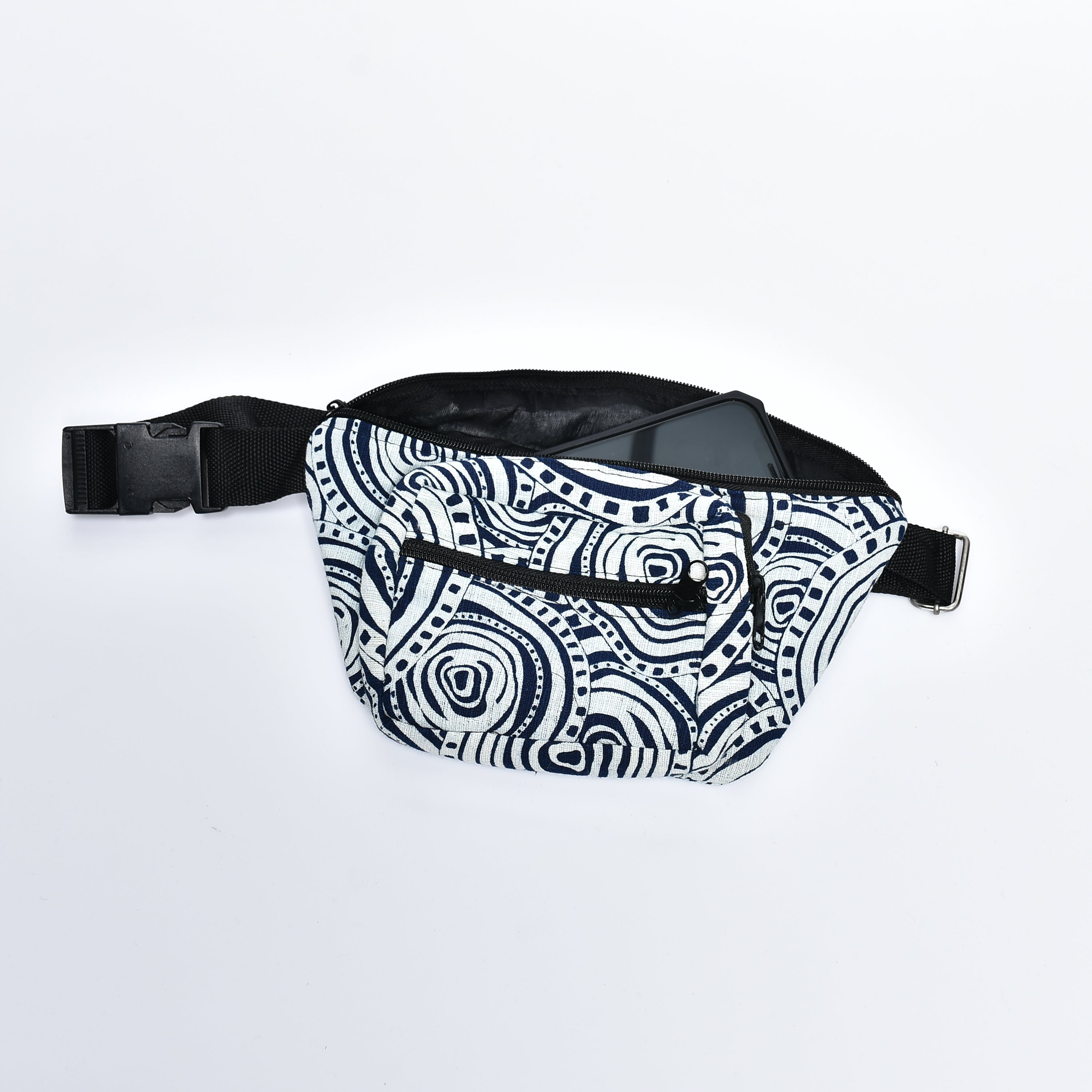 Bohotusk Navy Blue Cream Cotton Bum Bag featuring three zip pockets and adjustable waistband, perfect for outdoor activities.