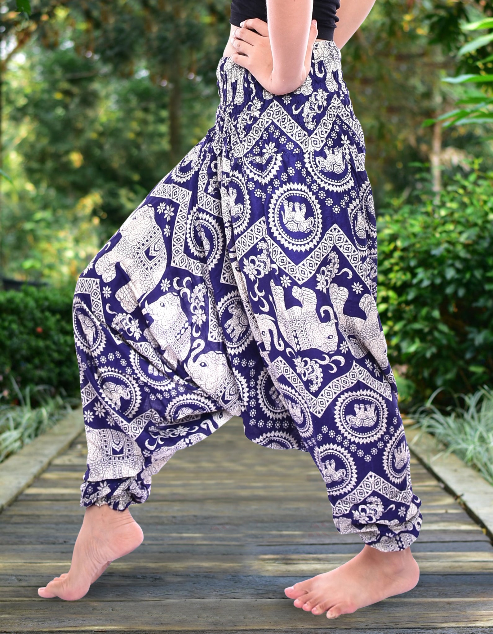 Bohotusk Navy Blue Elephant Print Low Crotch Harem Pants for women, showcasing a unique elephant design and comfortable fit.