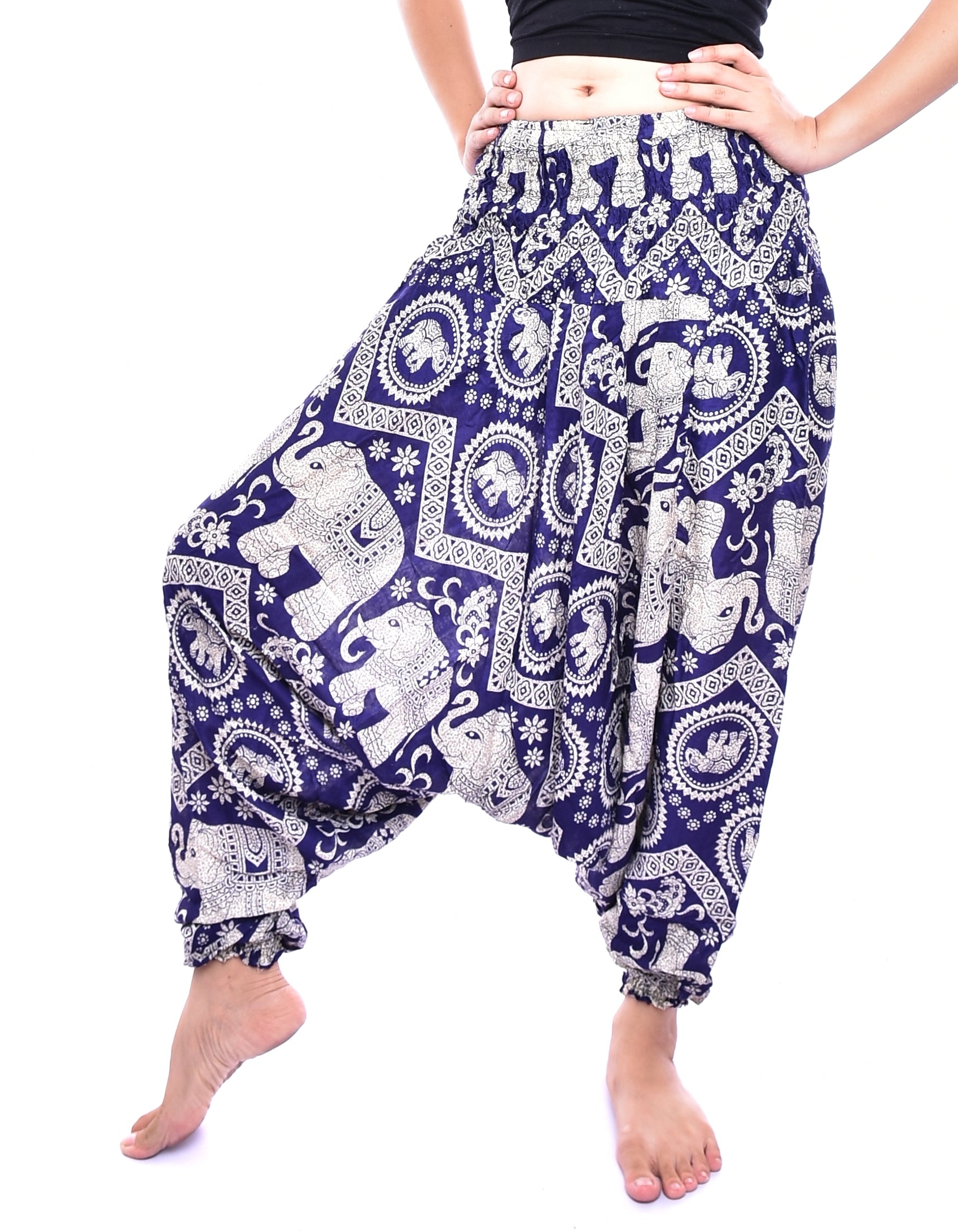 Bohotusk Navy Blue Elephant Print Low Crotch Harem Pants for women, showcasing a unique elephant design and comfortable fit.