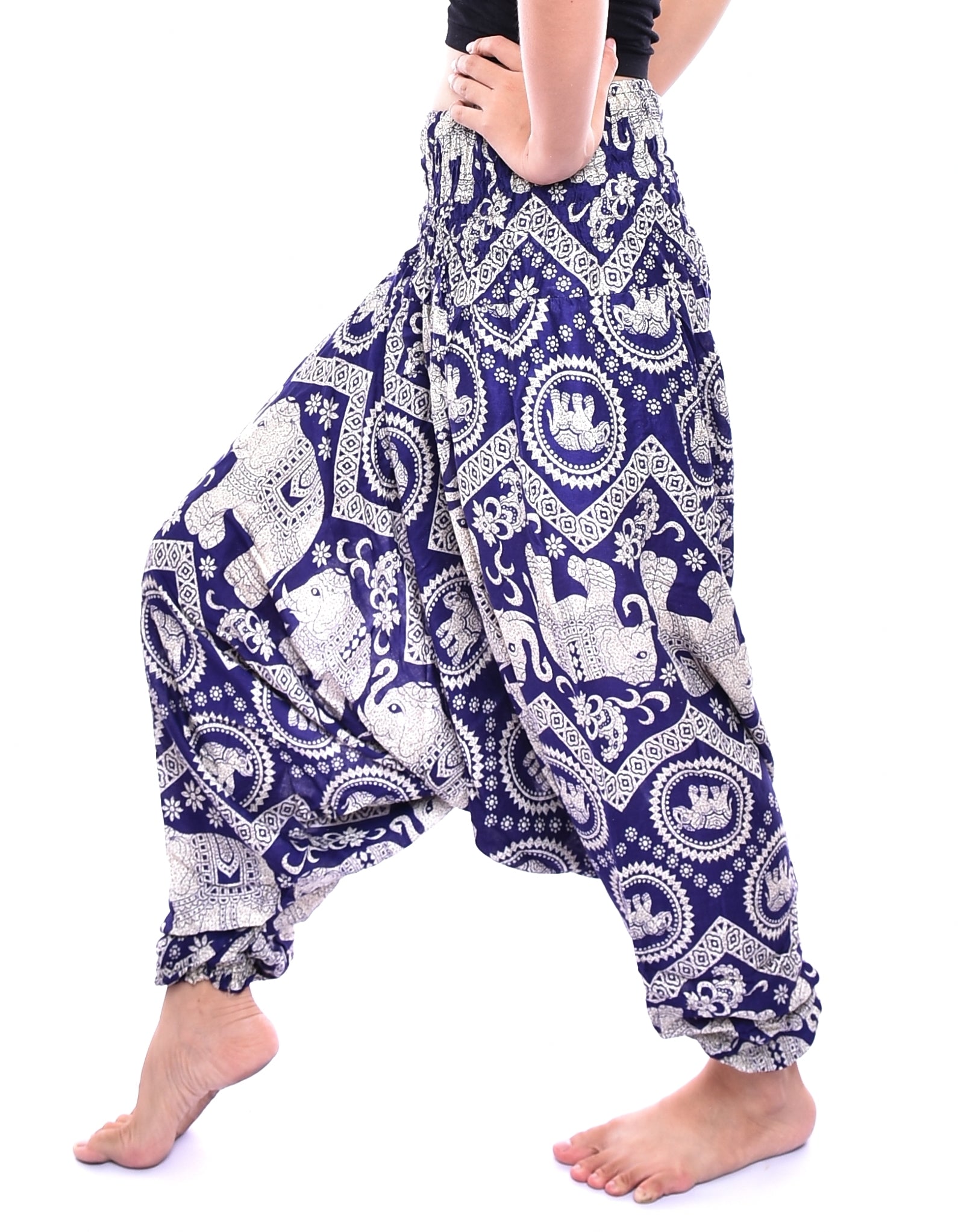 Bohotusk Navy Blue Elephant Print Low Crotch Harem Pants for women, showcasing a unique elephant design and comfortable fit.