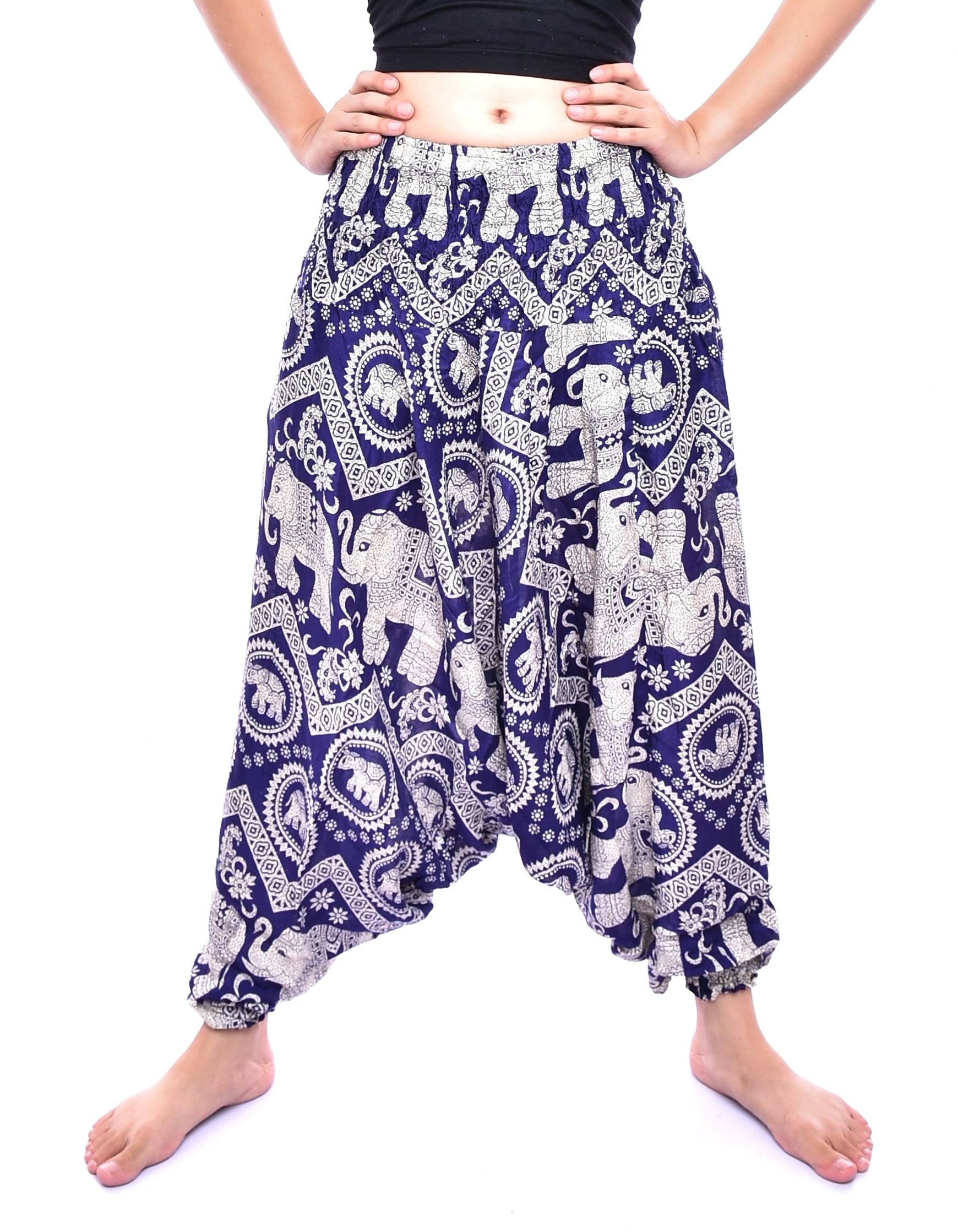 Bohotusk Navy Blue Elephant Print Low Crotch Harem Pants for women, showcasing a unique elephant design and comfortable fit.