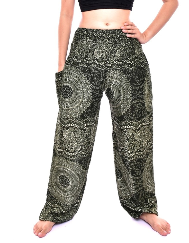 Bohotusk Olive Green Night Glow Print Women's Trousers with elasticated smocked waist, showcasing a stylish design and comfortable fit.