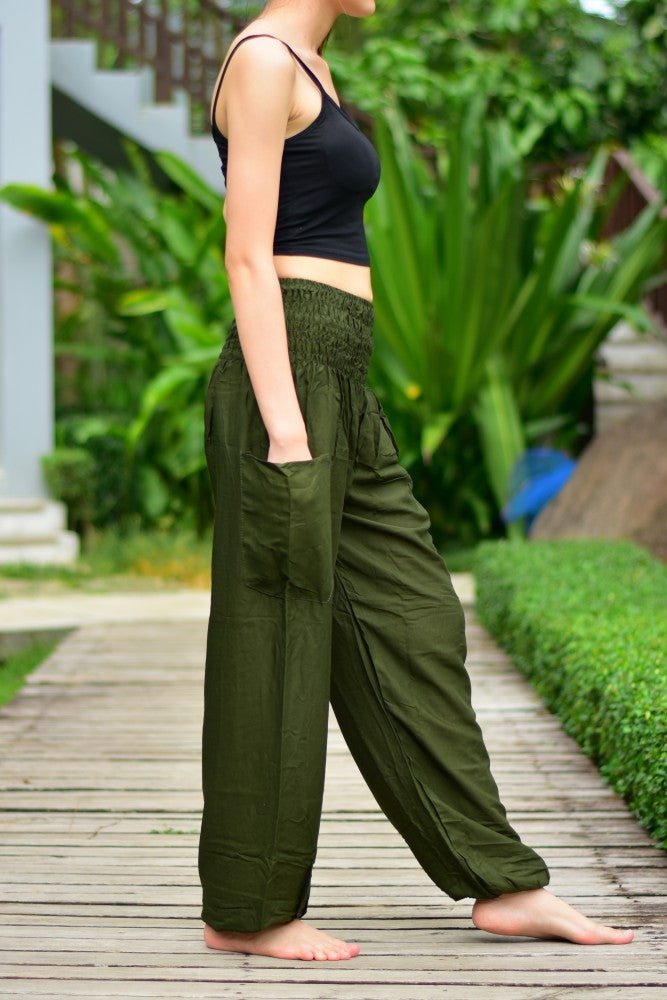 Bohotusk Olive Green Women's Harem Pants with elasticated smocked waist, showcasing lightweight rayon fabric and stylish design.