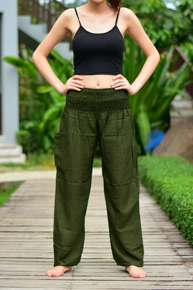 Bohotusk Olive Green Women's Harem Pants with elasticated smocked waist, showcasing lightweight rayon fabric and stylish design.