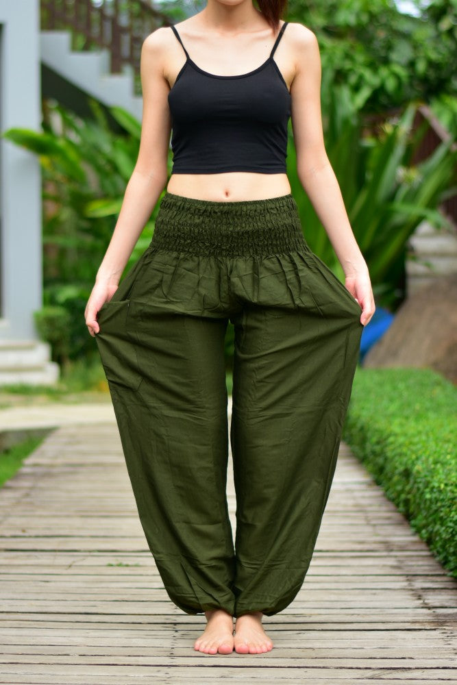 Bohotusk Olive Green Women's Harem Pants with elasticated smocked waist, showcasing lightweight rayon fabric and stylish design.