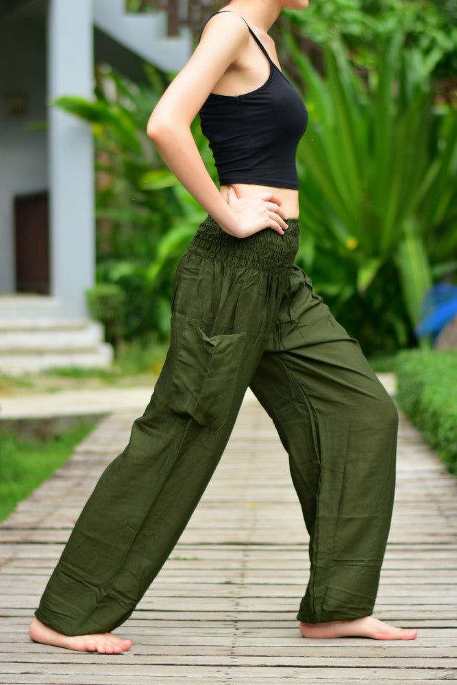 Bohotusk Olive Green Women's Harem Pants with elasticated smocked waist, showcasing lightweight rayon fabric and stylish design.