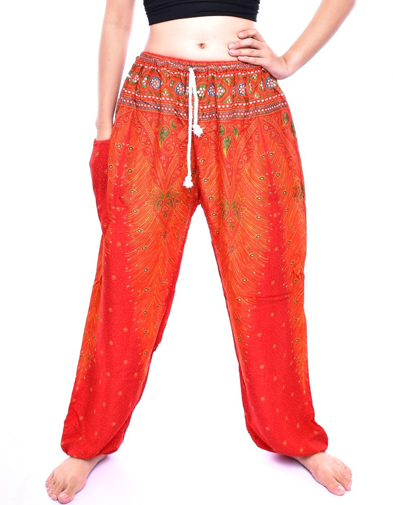 Bohotusk Orange Peacock Print Women's Harem Trousers featuring a drawstring waist and elasticated ankles, perfect for comfort and style.