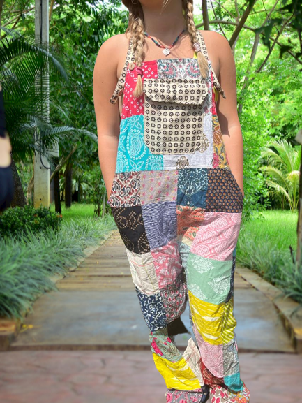 Bohotusk Patch Work Multi Coloured Cotton Dungarees featuring unique patchwork design and adjustable straps.