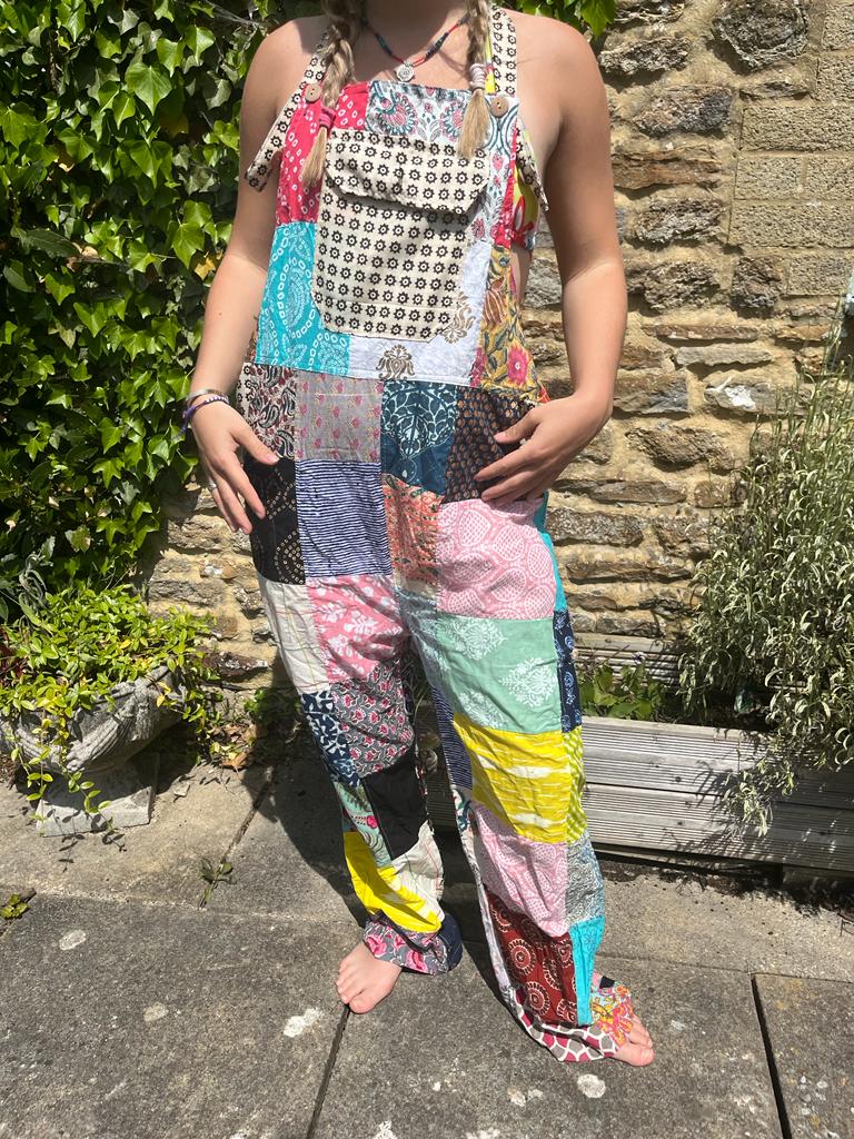 Bohotusk Patch Work Multi Coloured Cotton Dungarees featuring unique patchwork design and adjustable straps.