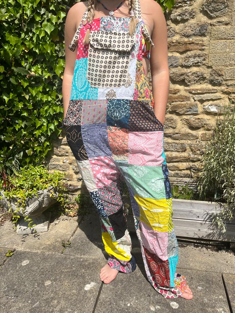 Bohotusk Patch Work Multi Coloured Cotton Dungarees featuring unique patchwork design and adjustable straps.