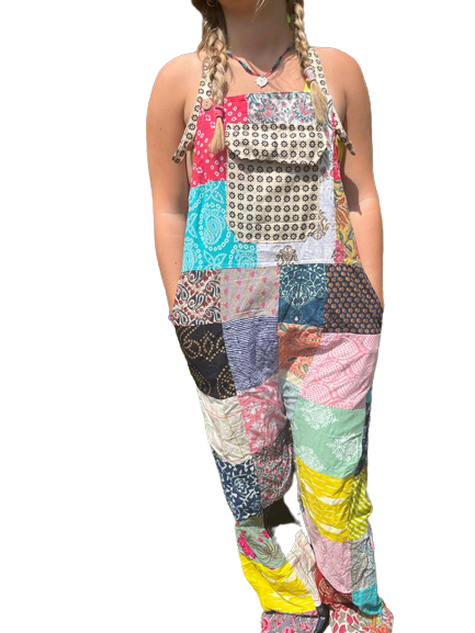 Bohotusk Patch Work Multi Coloured Cotton Dungarees featuring unique patchwork design and adjustable straps.