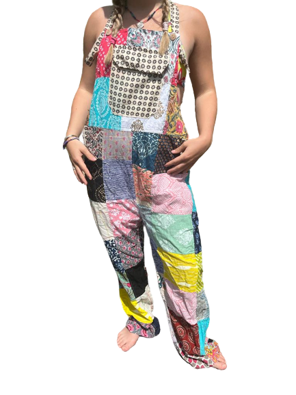 Bohotusk Patch Work Multi Coloured Cotton Dungarees featuring unique patchwork design and adjustable straps.