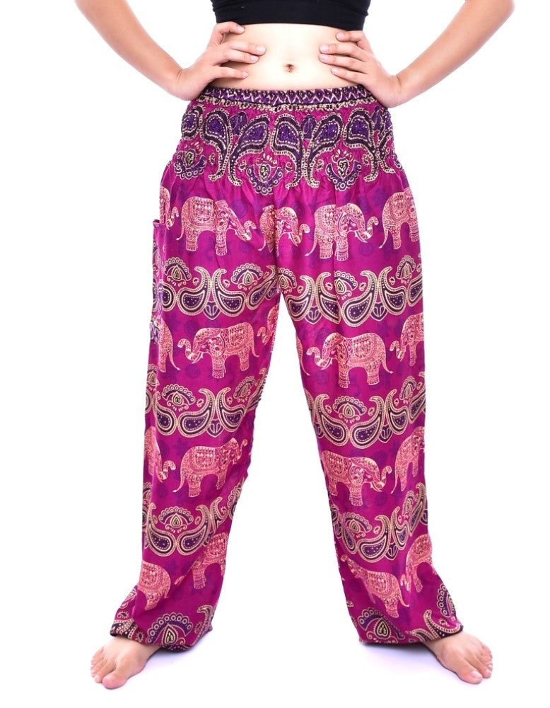 Bohotusk Pink Elephant Grassland Print trousers with elasticated smocked waist, showcasing vibrant colors and a comfortable fit.