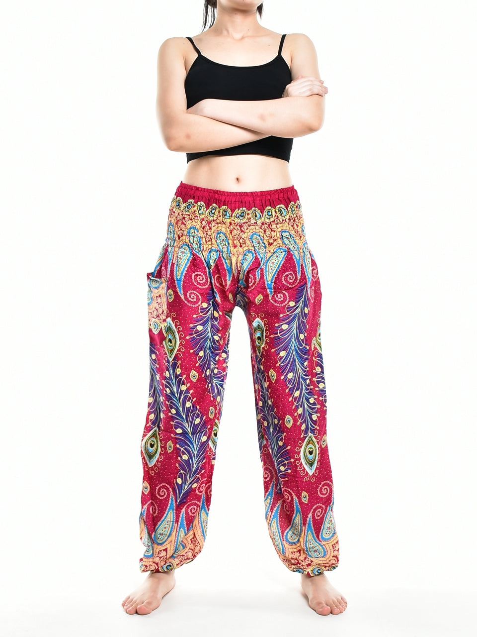 Bohotusk Pink Peacocks Eye Elasticated Smocked Waist Women's Harem Pants, showcasing vibrant colors and a comfortable design.