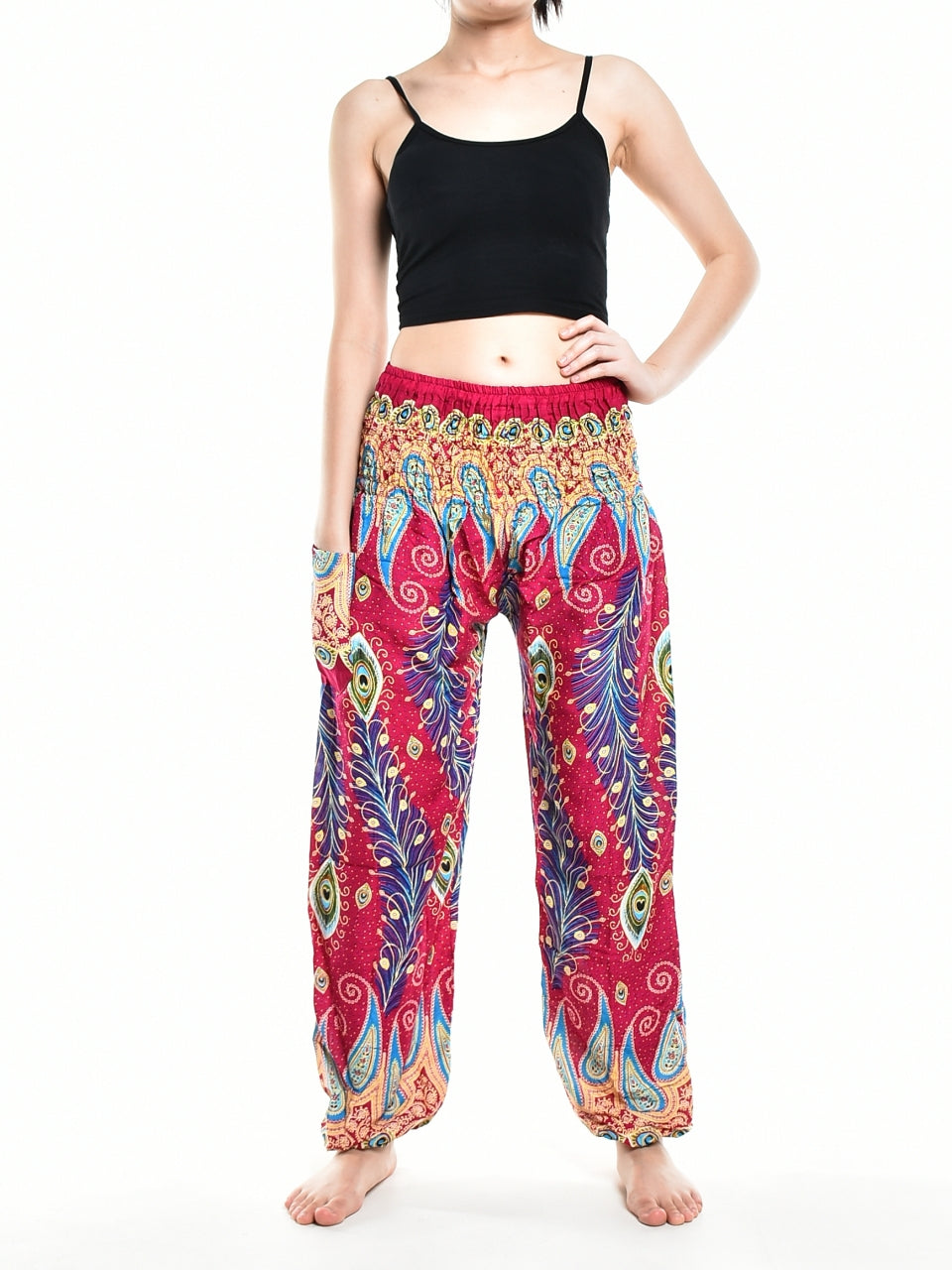 Bohotusk Pink Peacocks Eye Elasticated Smocked Waist Women's Harem Pants, showcasing vibrant colors and a comfortable design.