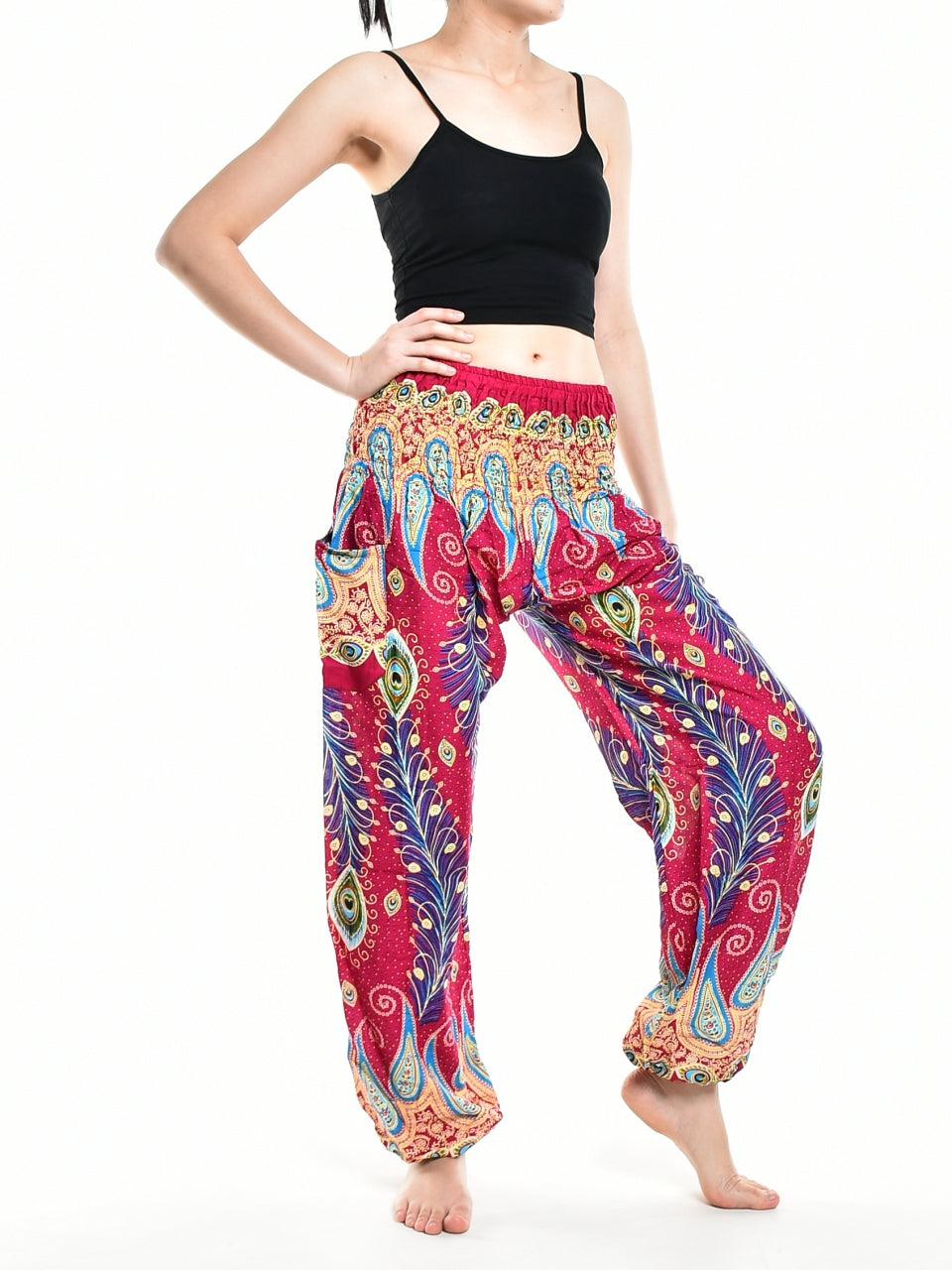 Bohotusk Pink Peacocks Eye Elasticated Smocked Waist Women's Harem Pants, showcasing vibrant colors and a comfortable design.