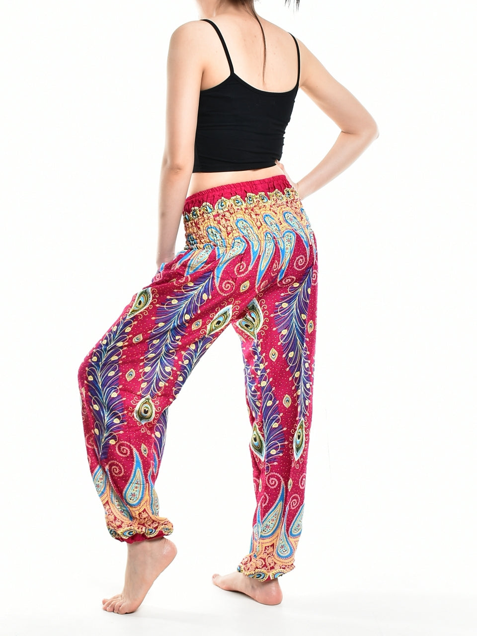 Bohotusk Pink Peacocks Eye Elasticated Smocked Waist Women's Harem Pants, showcasing vibrant colors and a comfortable design.