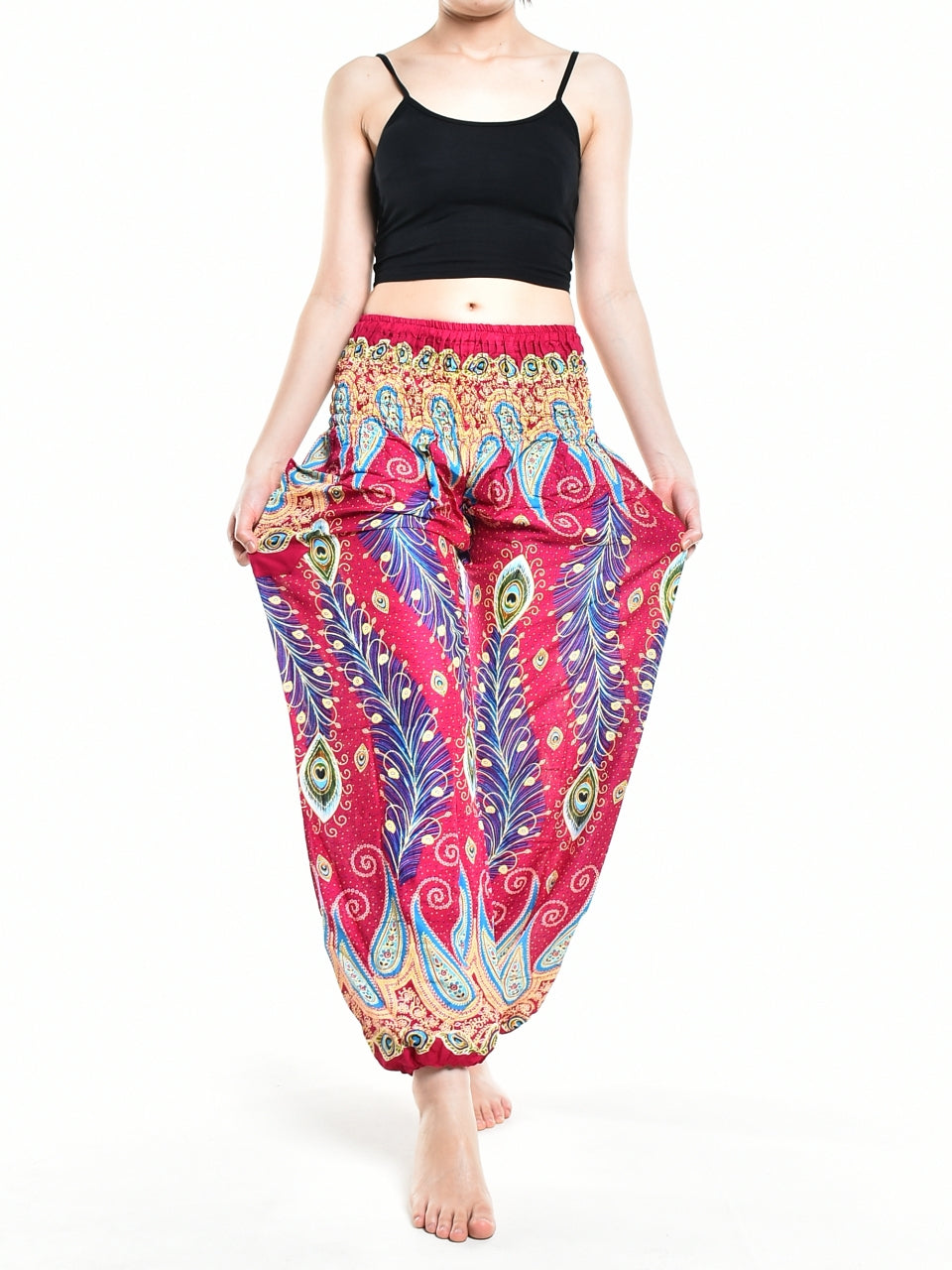 Bohotusk Pink Peacocks Eye Elasticated Smocked Waist Women's Harem Pants, showcasing vibrant colors and a comfortable design.