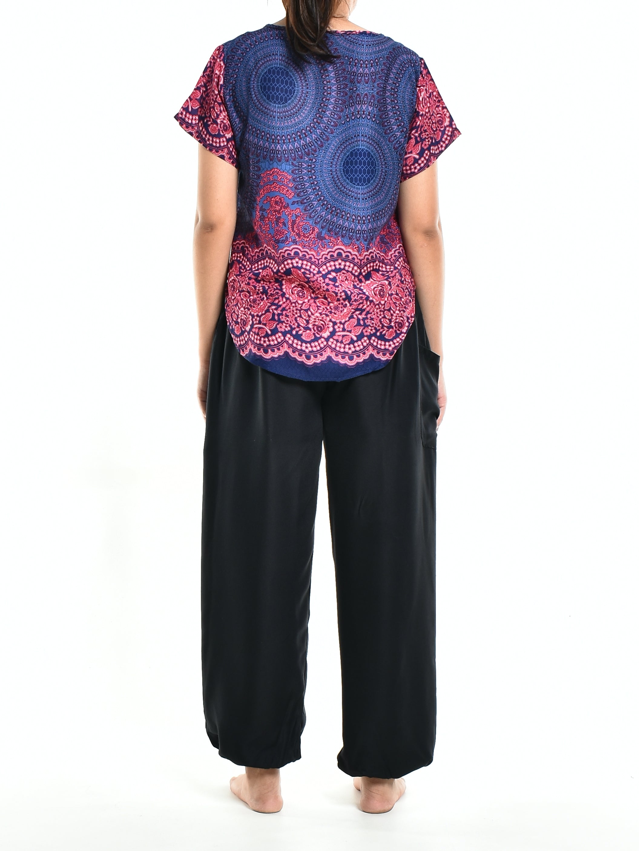 Bohotusk Purple Blue Rose Spheres Short Sleeved Top displayed on a mannequin, showcasing its vibrant colors and stylish design.