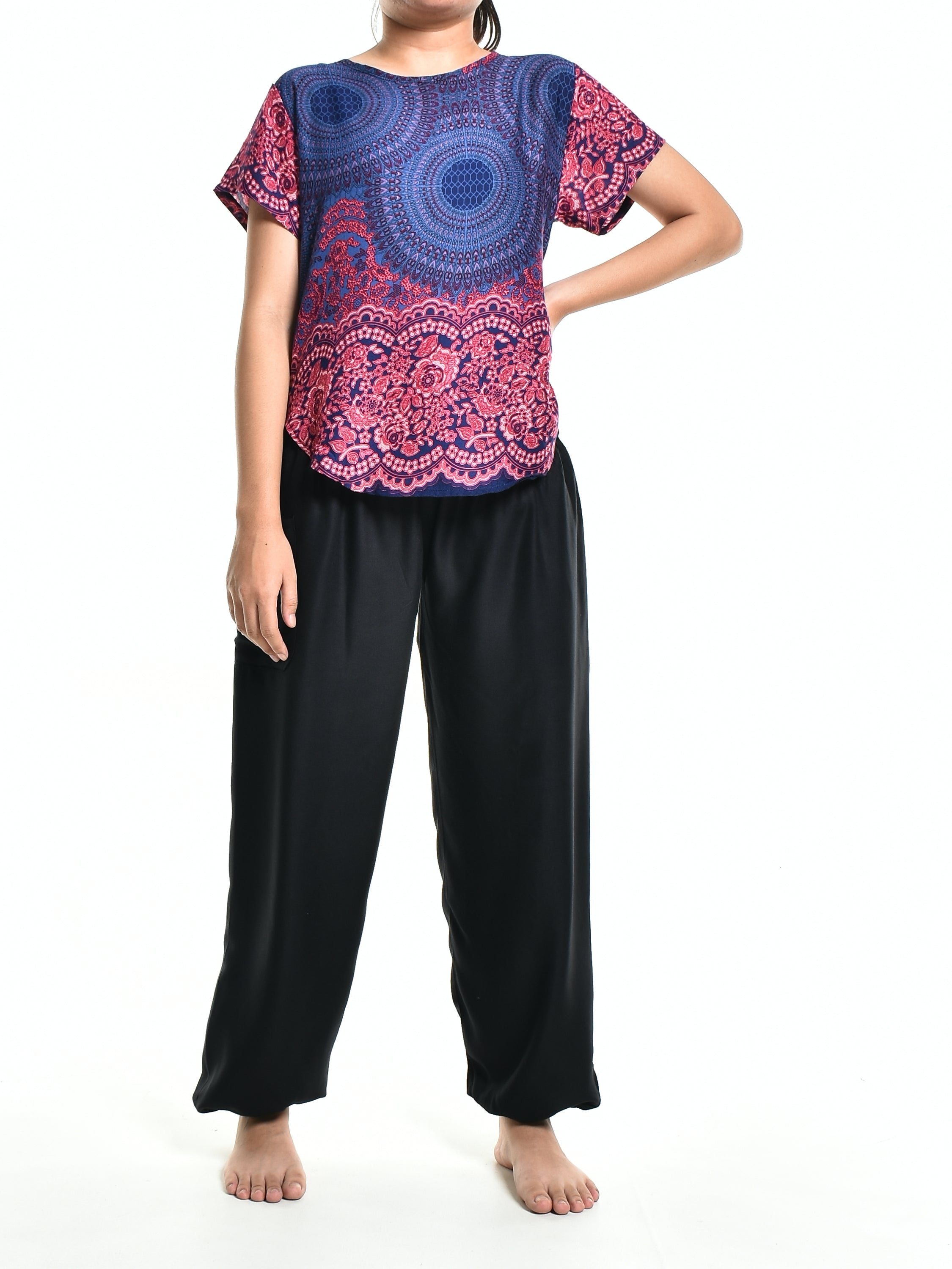 Bohotusk Purple Blue Rose Spheres Short Sleeved Top displayed on a mannequin, showcasing its vibrant colors and stylish design.