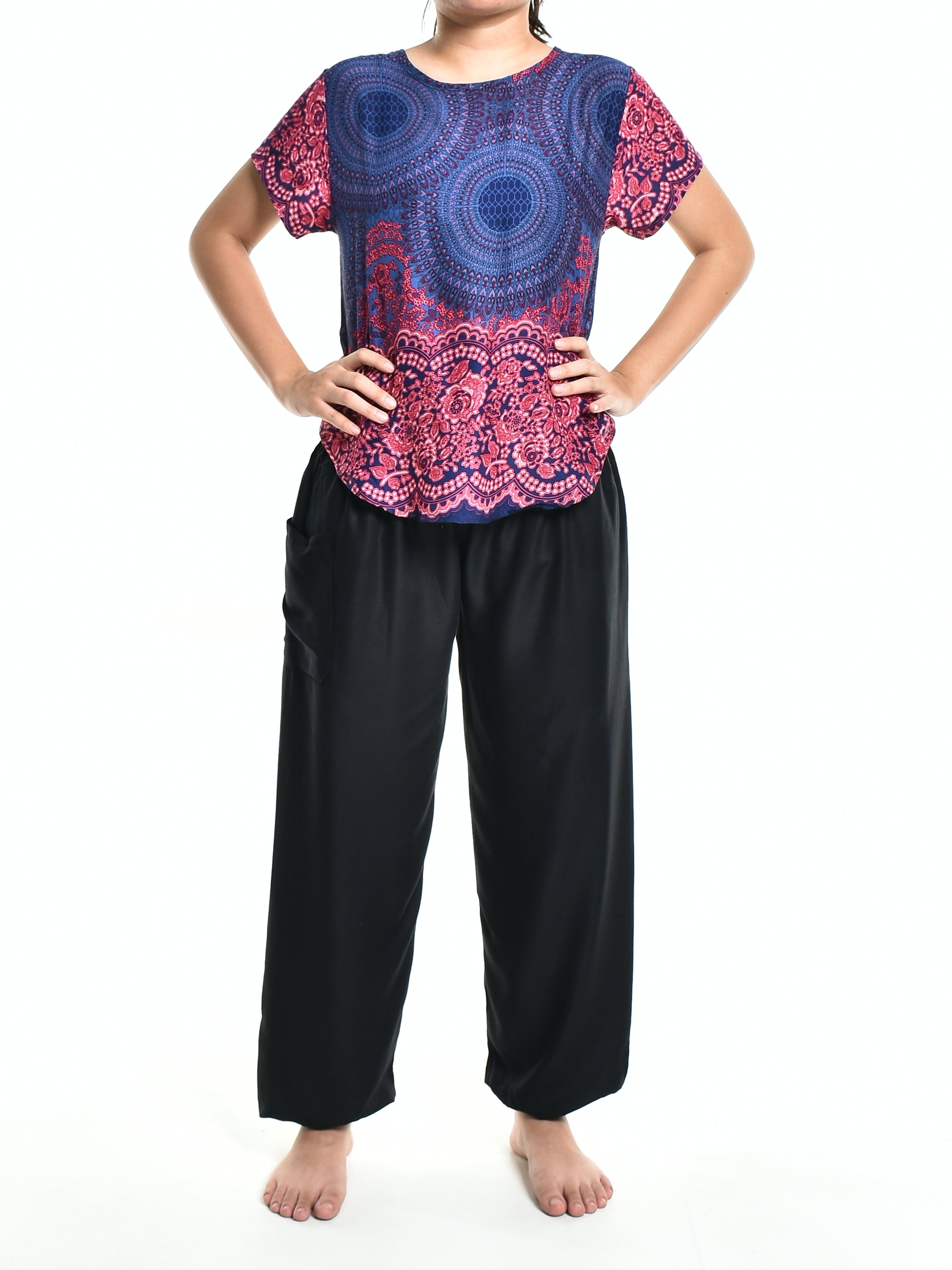 Bohotusk Purple Blue Rose Spheres Short Sleeved Top displayed on a mannequin, showcasing its vibrant colors and stylish design.