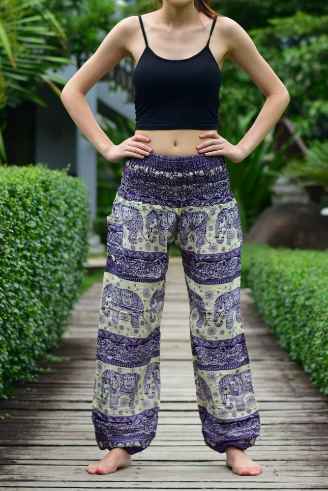 Bohotusk Purple Elephant Herd Print Women's Trousers with elasticated smocked waist, showcasing vibrant colors and unique elephant design.