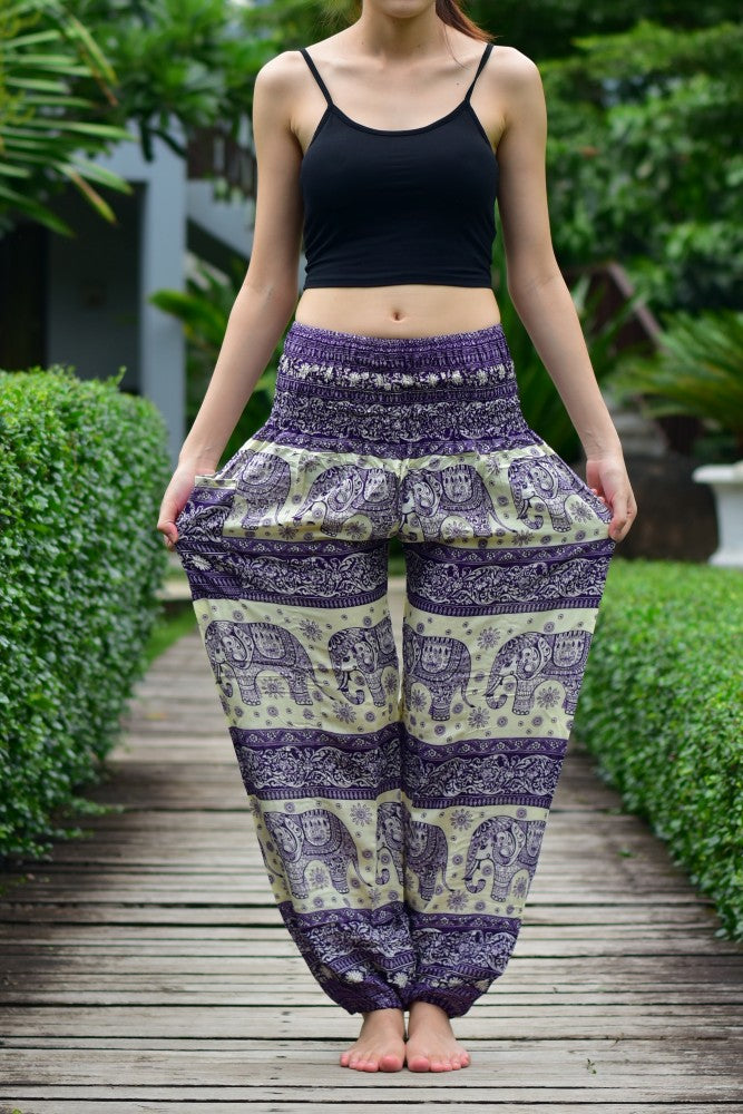 Bohotusk Purple Elephant Herd Print Women's Trousers with elasticated smocked waist, showcasing vibrant colors and unique elephant design.