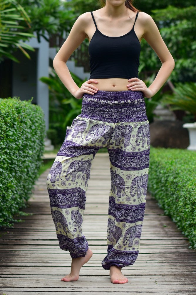 Bohotusk Purple Elephant Herd Print Women's Trousers with elasticated smocked waist, showcasing vibrant colors and unique elephant design.