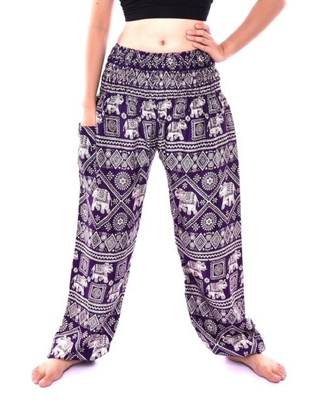 Bohotusk Purple Elephant Print Harem Pants featuring an elasticated smocked waist and vibrant design, perfect for comfort and style.