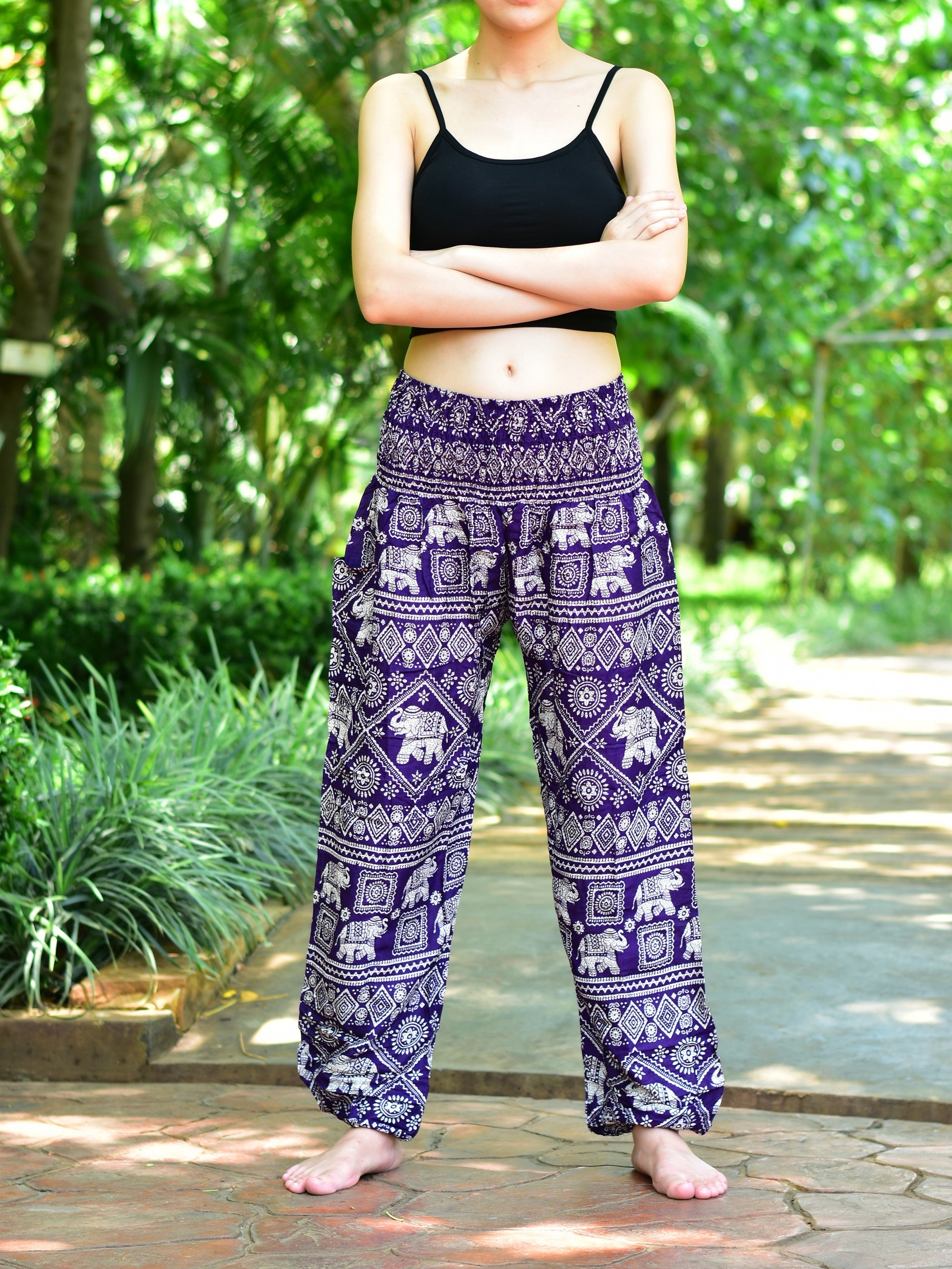 Bohotusk Purple Elephant Print Harem Pants featuring an elasticated smocked waist and vibrant design, perfect for comfort and style.