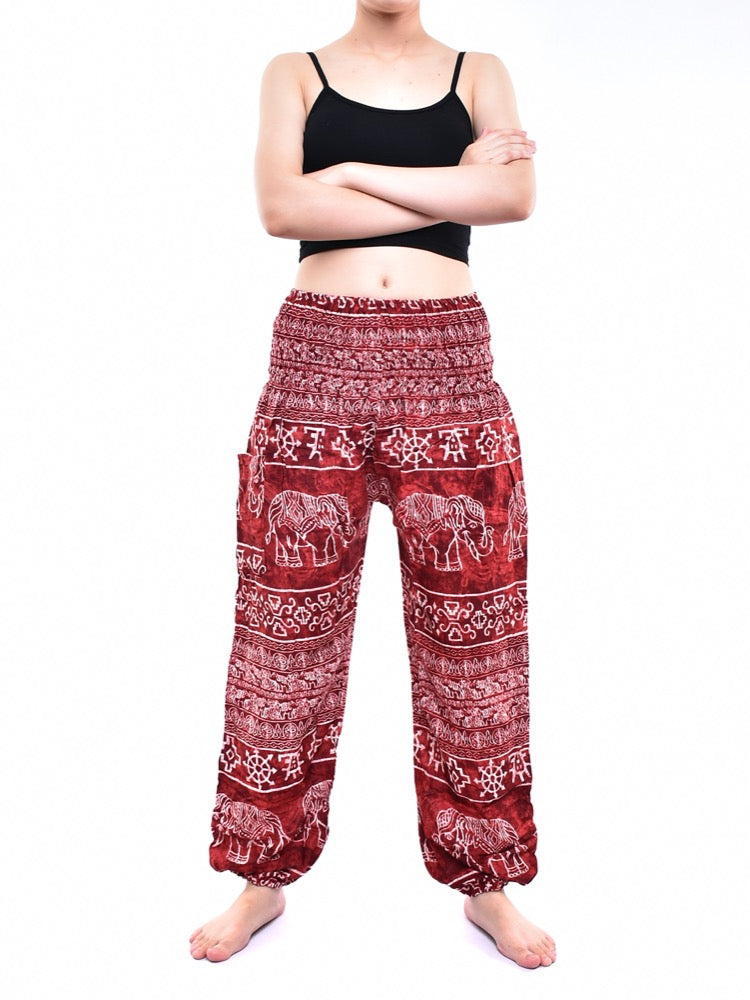 Bohotusk Red Amboseli Elephant Harem Pants featuring elasticated smocked waist and lightweight rayon fabric, perfect for casual and active wear.