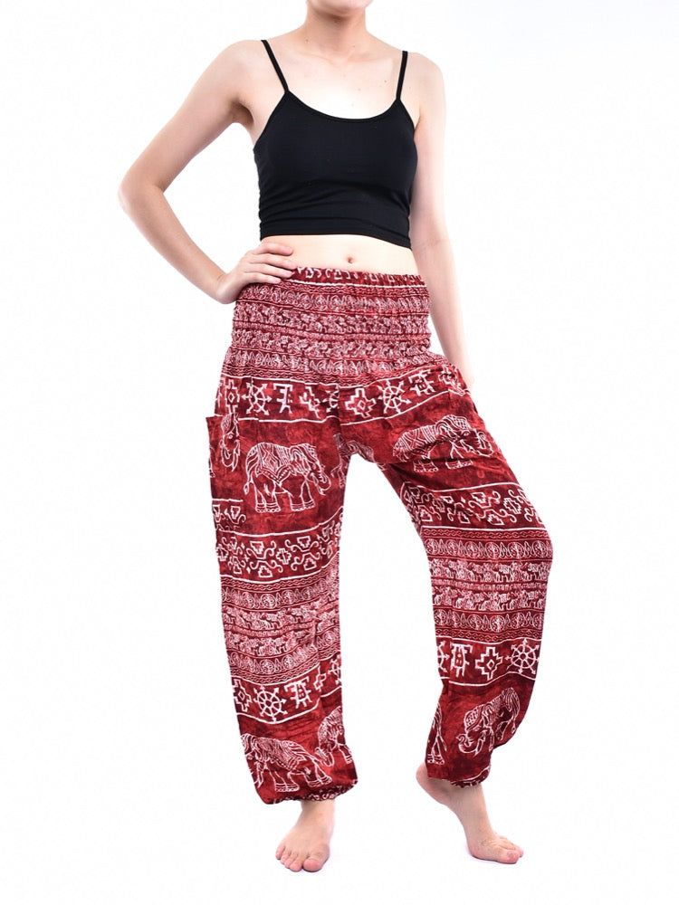 Bohotusk Red Amboseli Elephant Harem Pants featuring elasticated smocked waist and lightweight rayon fabric, perfect for casual and active wear.