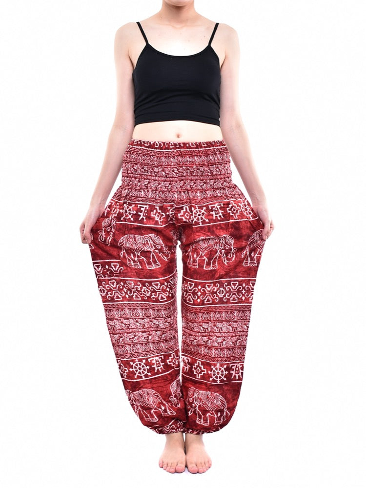 Bohotusk Red Amboseli Elephant Harem Pants featuring elasticated smocked waist and lightweight rayon fabric, perfect for casual and active wear.