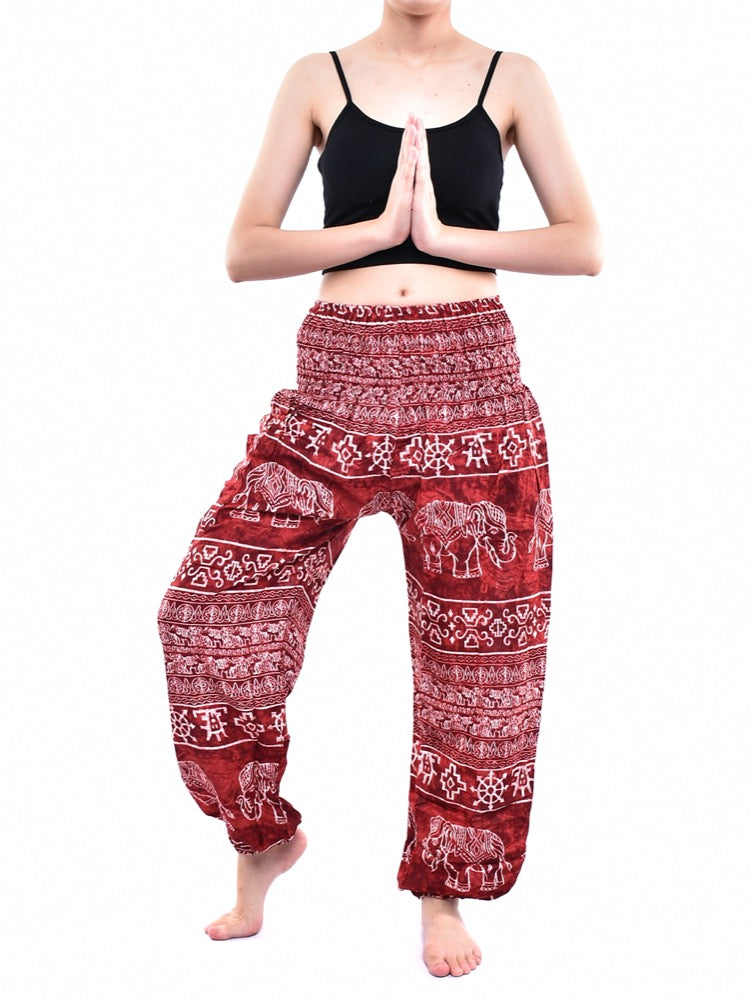 Bohotusk Red Amboseli Elephant Harem Pants featuring elasticated smocked waist and lightweight rayon fabric, perfect for casual and active wear.