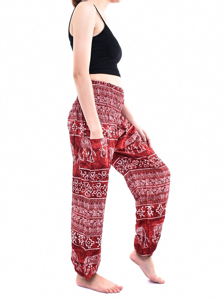 Bohotusk Red Amboseli Elephant Harem Pants featuring elasticated smocked waist and lightweight rayon fabric, perfect for casual and active wear.