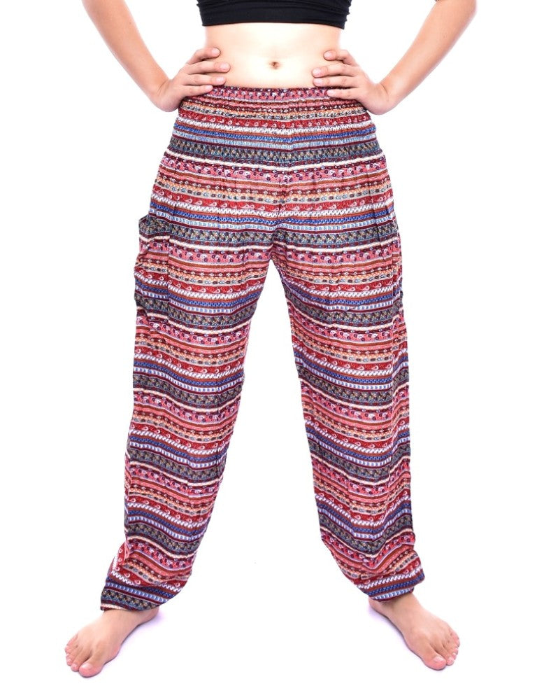 Bohotusk Red Chill Stripe Print Elasticated Smocked Waist Women's Harem Pants showcasing vibrant colors and comfortable design.