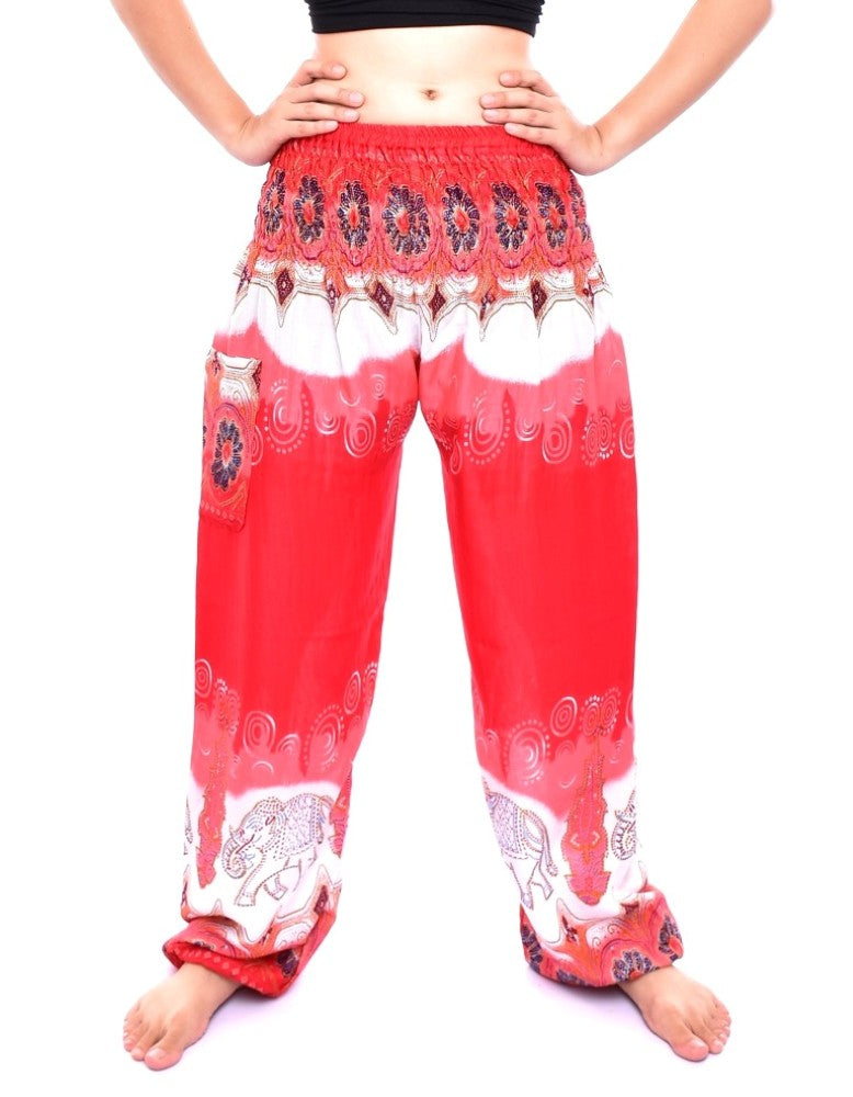 Bohotusk Red Elephant Boro Print trousers with elasticated smocked waist, showcasing vibrant colors and unique design, perfect for casual and active wear.