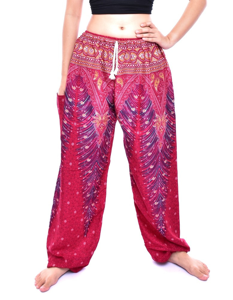 Bohotusk Red Peacock Print Women's Harem Pants featuring a vibrant design, elasticated waist, and ankle cuffs, perfect for casual and active wear.