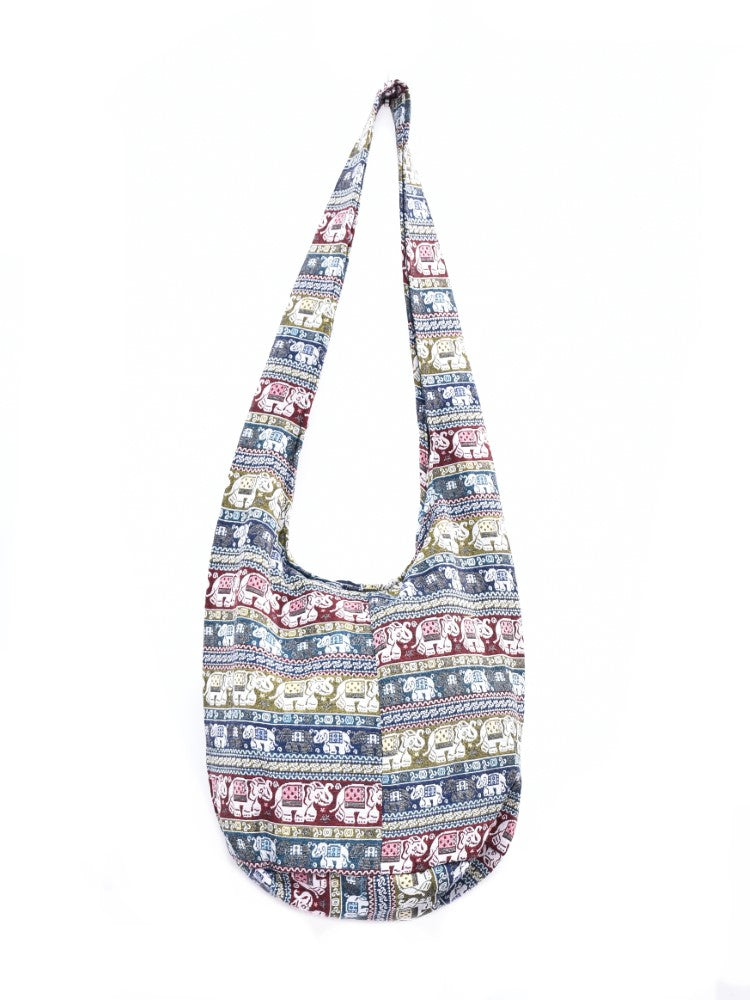 Bohotusk Striped Elephant Multi Stripe Cotton Canvas Sling Shoulder Bag featuring vibrant stripes and spacious design.