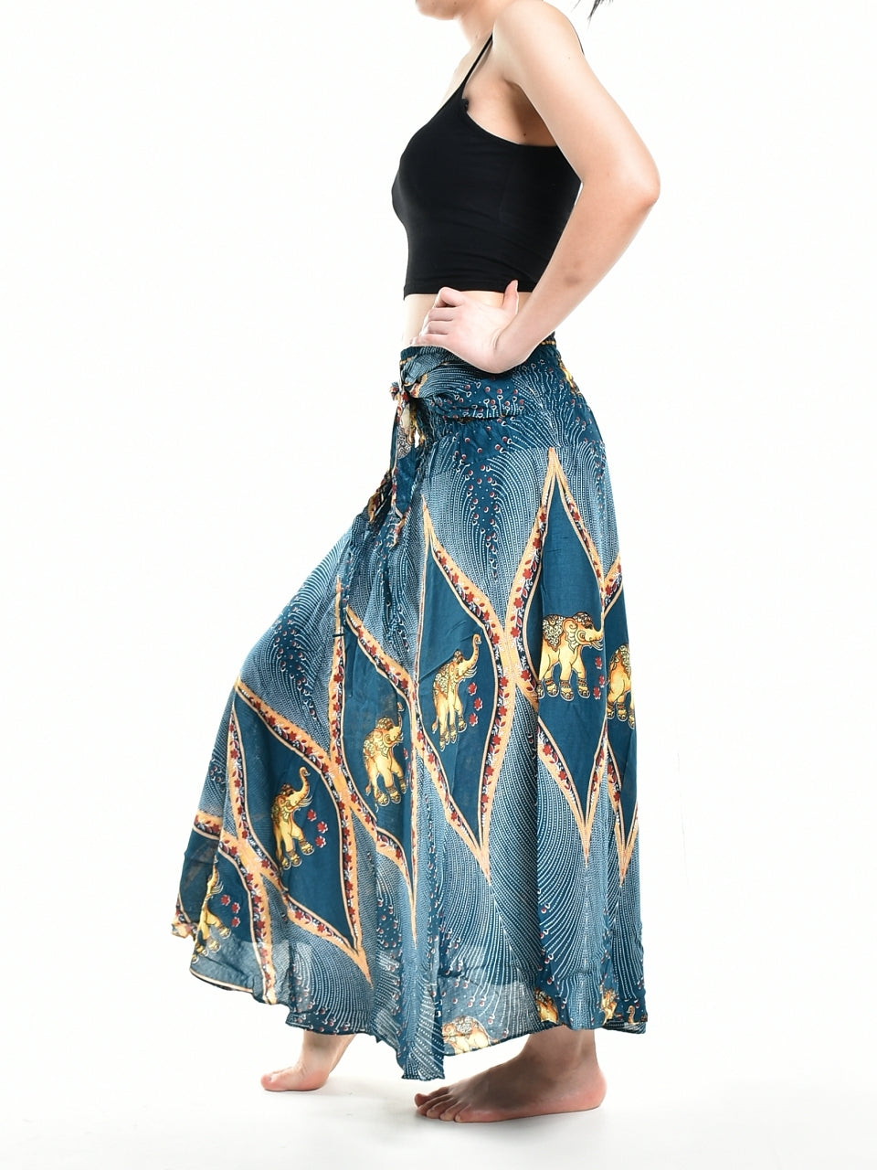 Bohotusk Teal Green Elephant Diamond Long Skirt featuring a coconut buckle and elasticated smocked waist, perfect for versatile styling.