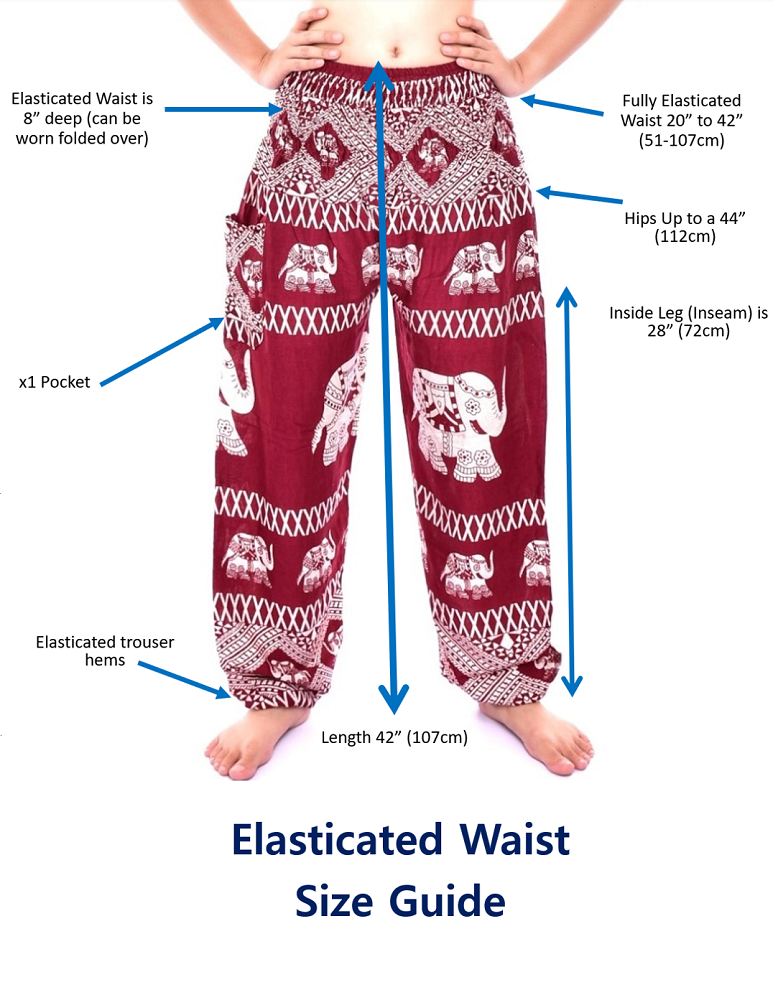 Elasticated waist pants size guide.