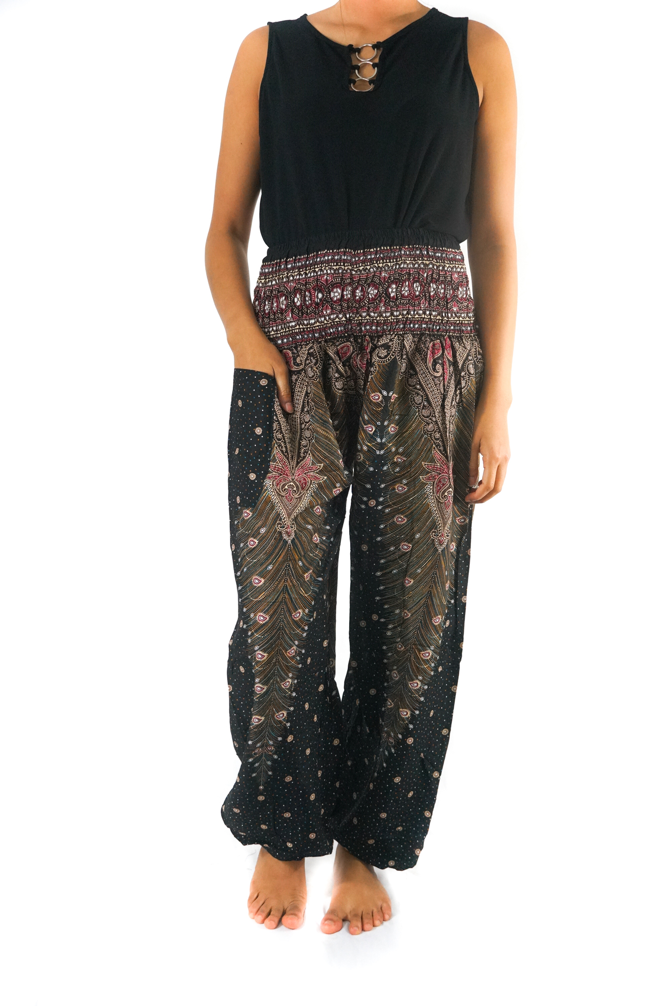 Brown Pink PEACOCK Women Boho Pants featuring a vibrant peacock design, elastic waist, and ankle, perfect for yoga and casual wear.