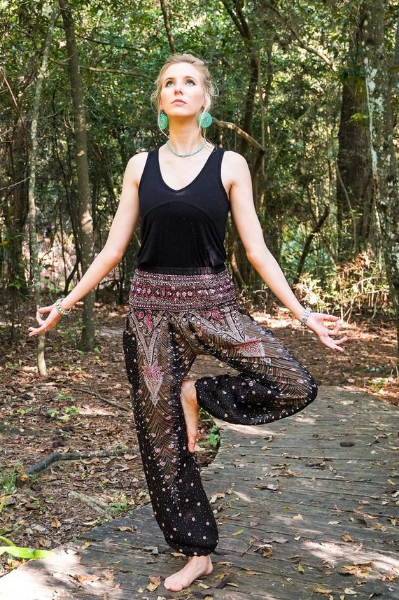 Brown Pink PEACOCK Women Boho Pants featuring a vibrant peacock design, elastic waist, and ankle, perfect for yoga and casual wear.