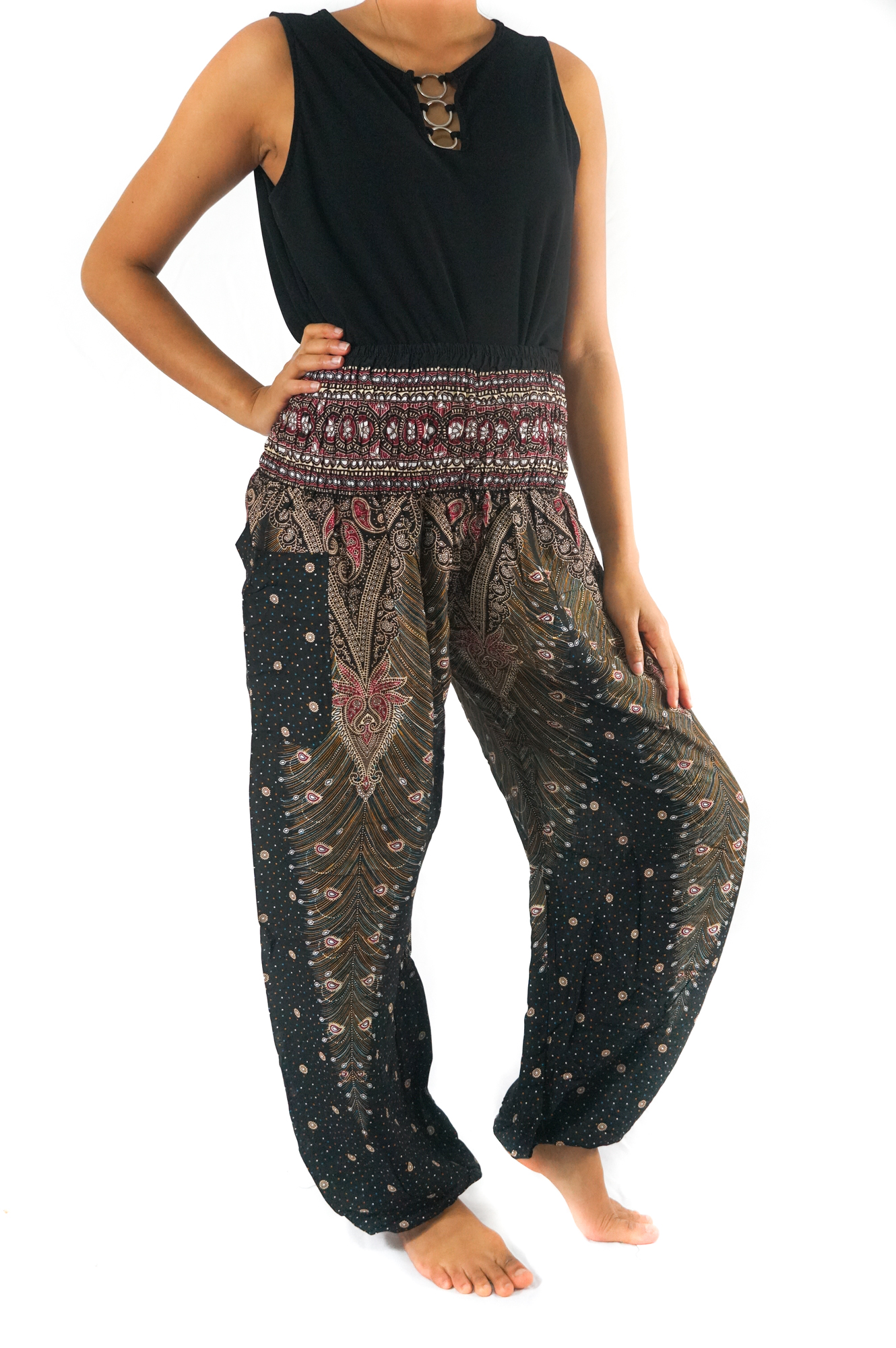 Brown Pink PEACOCK Women Boho Pants featuring a vibrant peacock design, elastic waist, and ankle, perfect for yoga and casual wear.