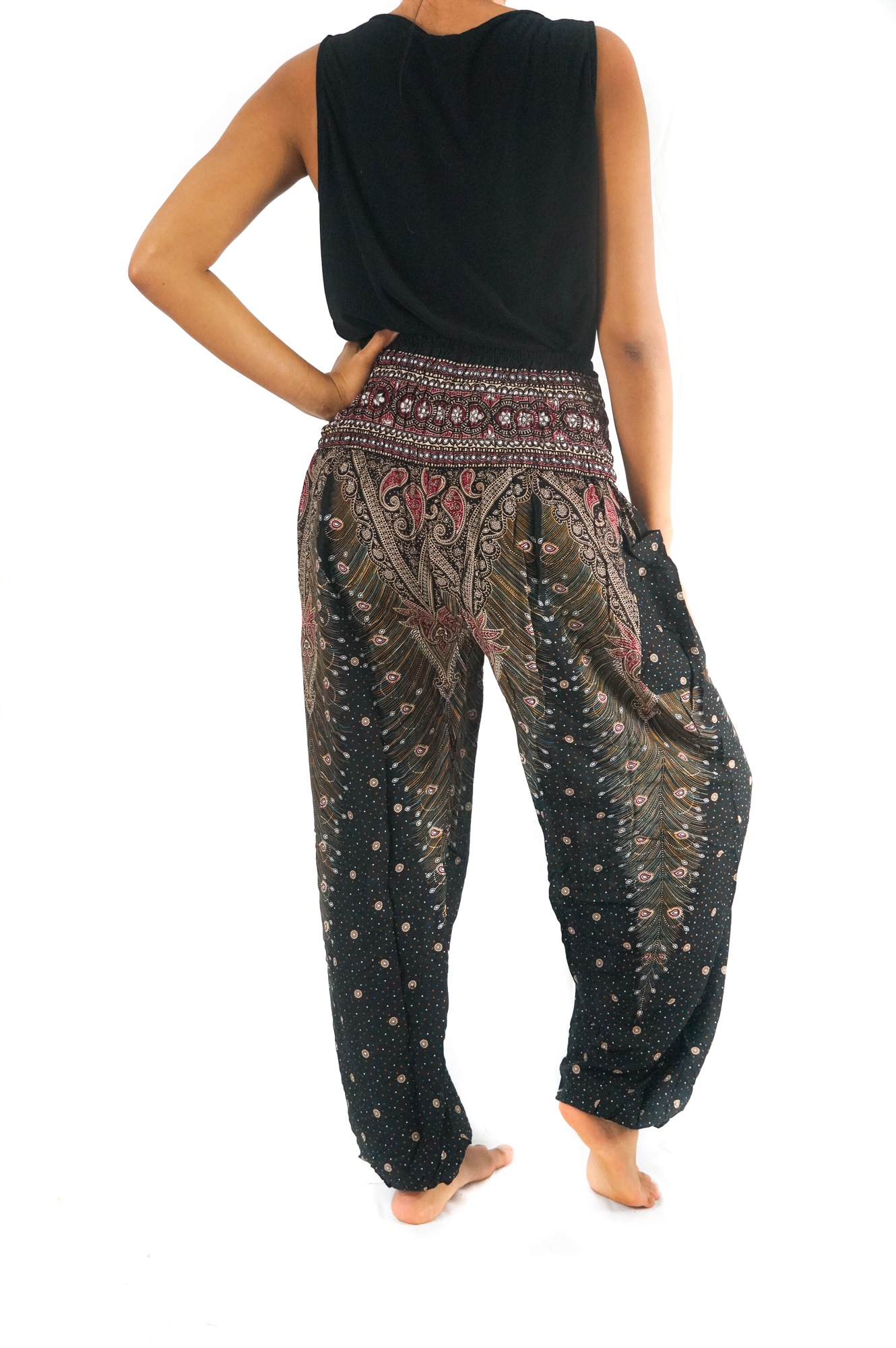 Brown Pink PEACOCK Women Boho Pants featuring a vibrant peacock design, elastic waist, and ankle, perfect for yoga and casual wear.